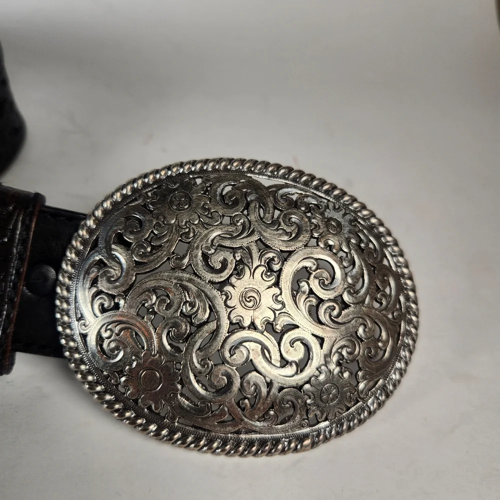 TONY LAMA Pierced Filagree Belt Size 36 Black Leather Cut Out Silver Buckle - Picture 4 of 10